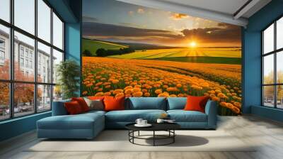 Dramatic sunset over a field of orange marigold flowers, Wall mural