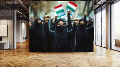 Group of iranian women wearing hijab protesting in the streets.	 Wall mural