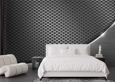 Metal perforated background with chrome curve element. Hexagon shape holes Wall mural