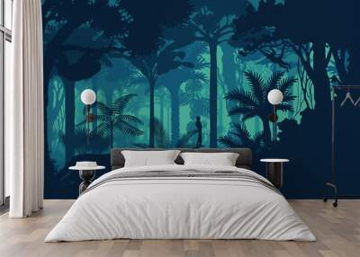 Vector evening tropical rainforest Jungle background with jaguar, sloth, monkey and qetzal Wall mural