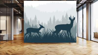 vector mountains forest woodland background texture seamless pattern with Roe deers Wall mural