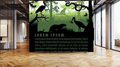 vector rainforest wetland silhouettes in sunset design template with heron, otter, python, ibis. puma, eagle and owl Wall mural