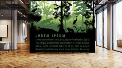 vector rainforest wetland silhouettes in sunset design template Wall mural