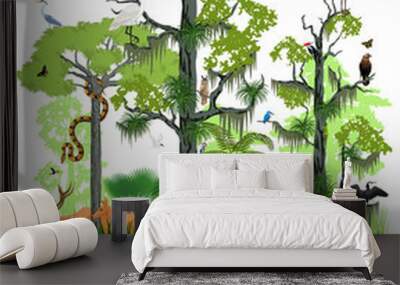 vector wetland or Florida Everglades landscape with different wetland animals Wall mural