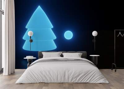 Render with glowing christmas tree and sphere on black background Wall mural