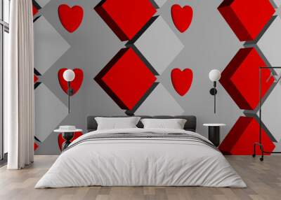 Render with red hearts and cubes pattern on gray Wall mural