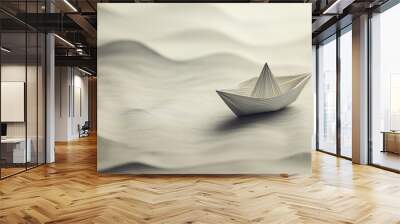 Paper boat floating on abstract waves in a minimalist artistic concept Wall mural