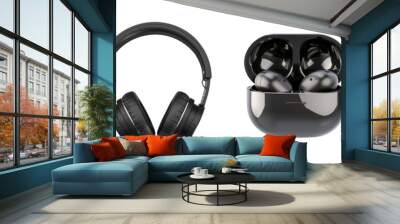 Set of black wireless headphones and earbuds with charging cases

 Wall mural