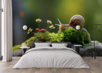 Snail on Mossy Rock Amongst Daisy Wildflowers Wall mural