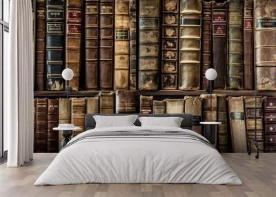 A wall full of Old ancient books of a library, holding many historical books and manuscripts. Wall mural