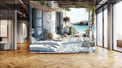 Cute beach house with rustic wooden roof, blue windows, wooden porch, white walls with white rough rocks, sand and rocks on the shore, white sun loungers with pillows Wall mural