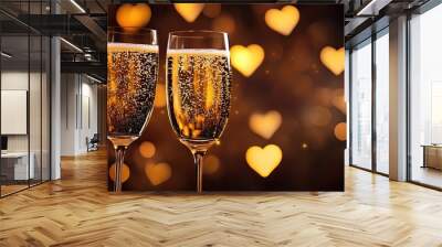 Valentine's celebration concept. Champagne glasses with golden bubbles on heart, patterned, bokeh background. Wall mural