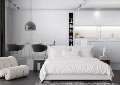 White modern apartment interior panorama 3d rendering Wall mural