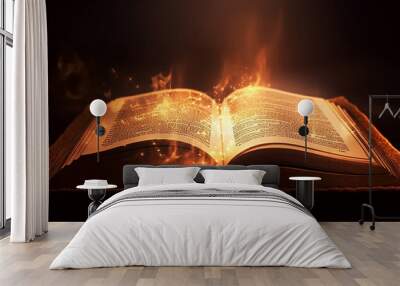 Burning with fire and smoke Holy Bible Gold Ancient Book banner, illuminated message Ai. Wall mural