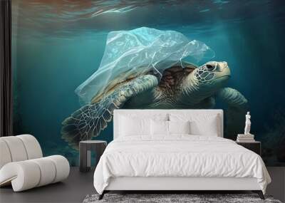 Waste ocean of wild sea turtle in transparent plastic bag swimming underwater representing concept of environmental pollution. Generative AI illustration  Wall mural