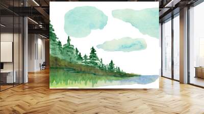 Watercolor clipart, Mountains lake trees clouds travel painting landscape watercolor  wall art.Watercolor clipart Mountains, Summer camping . Wall mural