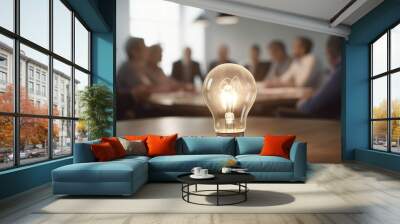 Company meeting with a lightbulb in the front suggesting brilliant business ideas  Wall mural