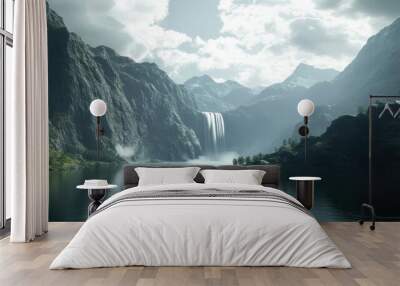 3D design of a tranquil lake bordered by mountains, a majestic waterfall flowing down into the still water, creating a dreamlike scene. Wall mural