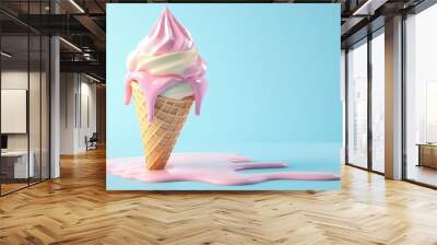 3D melting ice cream cone, bright pastel colors with drips of cream on a light blue background Wall mural