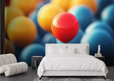 A bright balloon stands out in a crowd of others, representing the concept of individuality and self-expression. Wall mural