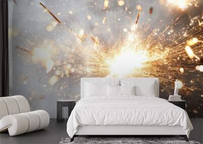 A burst of bright sparks scattering across a white background, evoking the feeling of celebration or creation. Wall mural