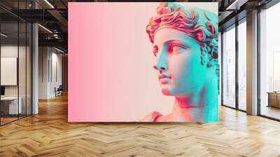 A bust of an ancient Greek stone statue on a bright pastel background, merging classical art with modern design aesthetics. Wall mural