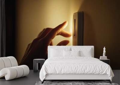 A close-up of a hand pressing a modern light switch, the finger hovering just before contact, in a softly lit room. Wall mural