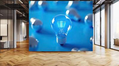 A collection of blue light bulbs on a blue surface, with one bulb shining brightly, emphasizing creativity and innovation. Wall mural