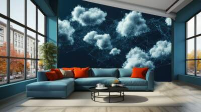 A collection of clouds in various dimensions (2D/3D), demonstrating multi-cloud network connectivity with digital data lines Wall mural