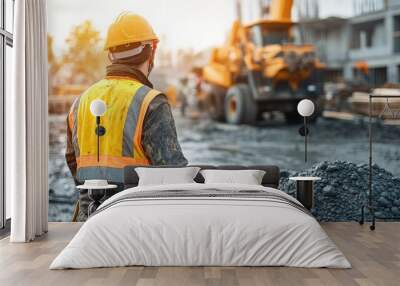 A construction worker inspecting a batch of ready-mix concrete, with equipment and building materials in the background Wall mural