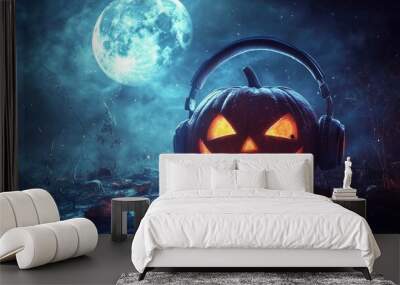 A cool Jack O' Lantern wearing headphones, vibing to music under a full moon with fog and eerie shadows around Wall mural