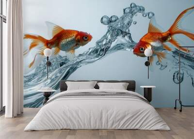 A dynamic wave of clear water flowing gracefully, two goldfish observing, peaceful scene. Wall mural