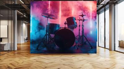 A futuristic-looking drum kit set on a stage with bold lighting effects and vibrant smoke, giving a sense of high-tech music performance. Wall mural