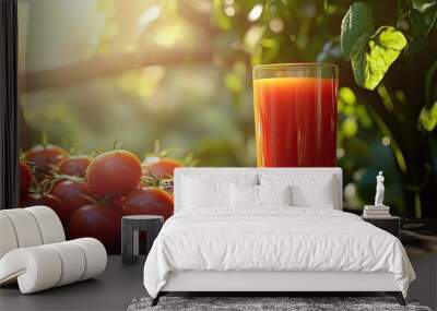 A glass of juice is displayed on a table alongside fresh tomatoes, creating a vibrant and appetizing scene. Wall mural