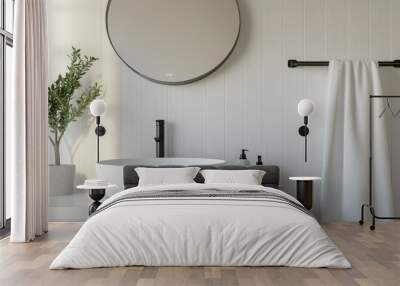 A minimalist bathroom setup with a clean white sink, a simple mirror above, and a neatly hung towel on the rack, focusing on simplicity and elegance. Wall mural