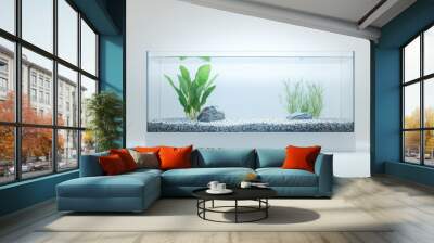 A minimalist fish tank, empty and clean, set on a pure white background, ideal for design purposes. Wall mural