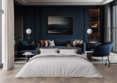 A modern living room in dark blue tones, with sleek furnishings and minimalistic decor for a refined look. Wall mural