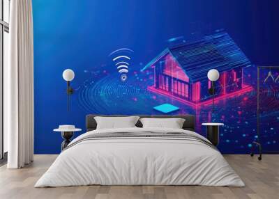 A modern wireless network in 3D, with a house and WiFi router set against a vibrant blue background, representing home internet. Wall mural