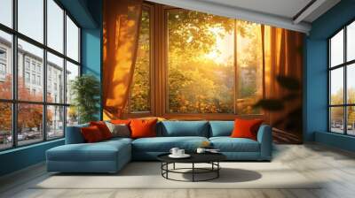 A peaceful sunrise view through a bedroom window, with the first light of day filling the room with warmth. Wall mural