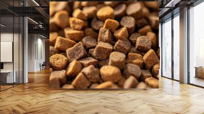 A pile of dry brown kibble, showing the texture, variety of shapes, and sizes up close, ready for feeding time. Wall mural