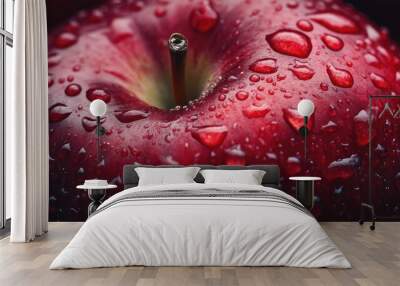 A red apple glistening with raindrops in a close-up view, showcasing its natural texture and rich color. Wall mural