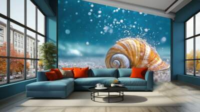 A sea snail with a spiral shell, moving gently across the seabed, with tiny particles of sand suspended in the water Wall mural