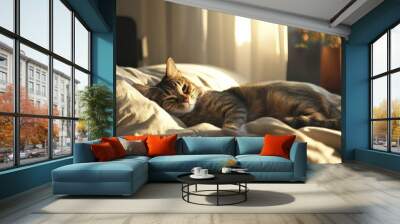 A serene scene of a cat resting on a bed, comfortably nestled in soft linens, in a calm and quiet room Wall mural