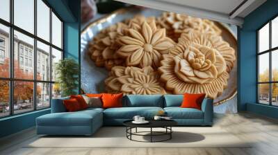 A tempting plate of Indian rose cookies, known as achappam, beautifully arranged, showcasing their intricate designs and delightful textures. Wall mural