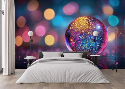 A vibrant ball of colors, adorned with glitter, placed on a smooth reflective surface, sparkling under bright studio lights Wall mural