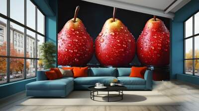 A vibrant image of three red pears with water droplets, capturing the freshness and natural beauty of the fruit Wall mural