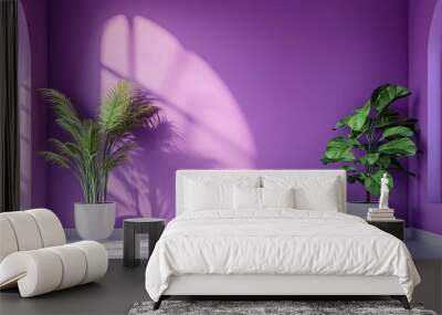 A vibrant purple room with a central white pedestal and two potted plants, combining modern design with natural elements. Wall mural