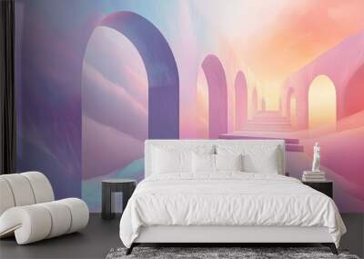 Abstract surreal pastel landscape with floating arches and a podium, bathed in soft light. Wall mural