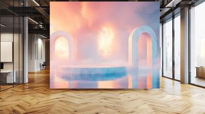 Abstract surreal pastel landscape with floating arches and a podium, bathed in soft light. Wall mural