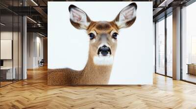 Adorable white-tailed doe with large, gentle eyes, posed against a clean white backdrop, embodying serene wildlife beauty Wall mural